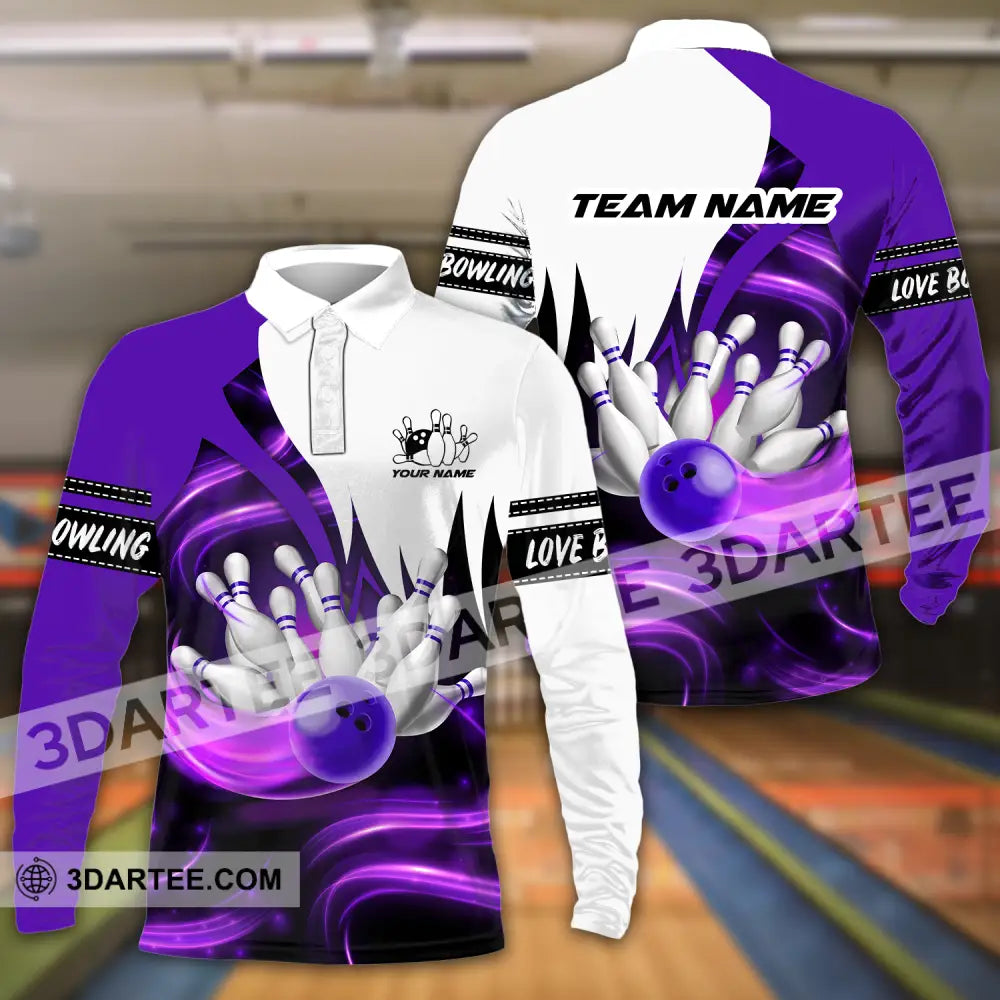 Unisex Shirt - Custom Name And Team Bowling Purple Motifs Long Sleeve Polo / S T-Shirt