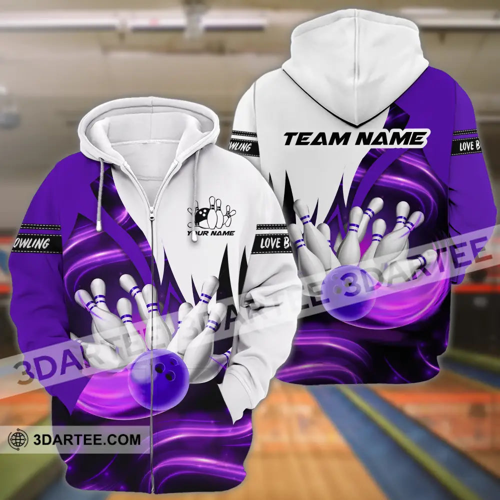 Unisex Shirt - Custom Name And Team Bowling Purple Motifs Zipper Hoodie / S T-Shirt