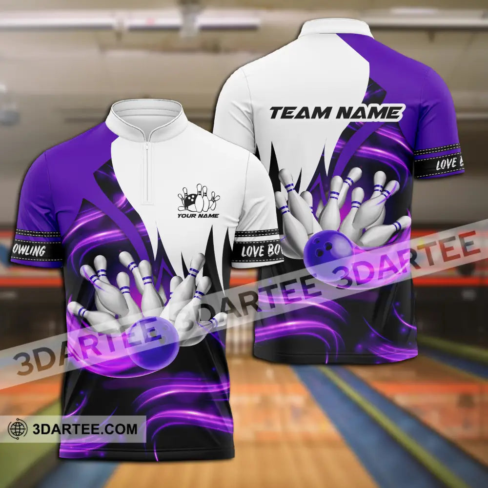 Unisex Shirt - Custom Name And Team Bowling Purple Motifs Zipper Polo / S T-Shirt