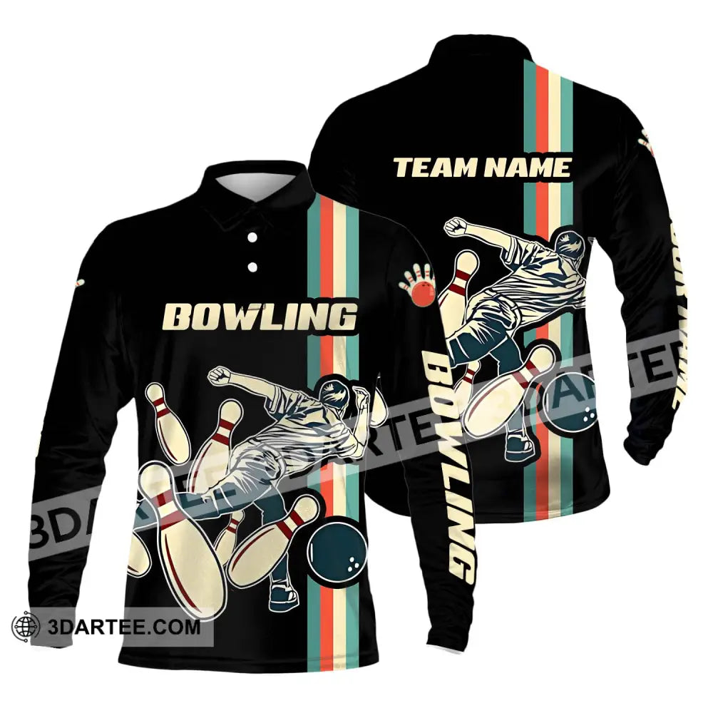 Unisex Shirt - Custom Name And Team Bowling Retro Color Long Sleeve Polo / S T-Shirt