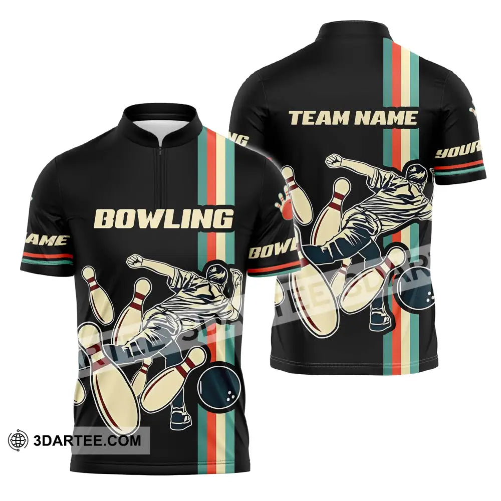 Unisex Shirt - Custom Name And Team Bowling Retro Color Zipper Polo / S T-Shirt