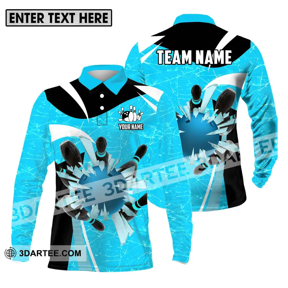 Unisex Shirt - Custom Name And Team Light Blue Pieces Bowling Long Sleeve Polo / S T-Shirt