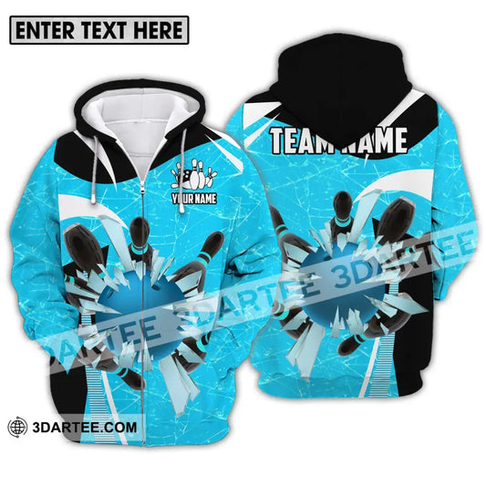 Unisex Shirt - Custom Name And Team Light Blue Pieces Bowling Zipper Hoodie / S T-Shirt