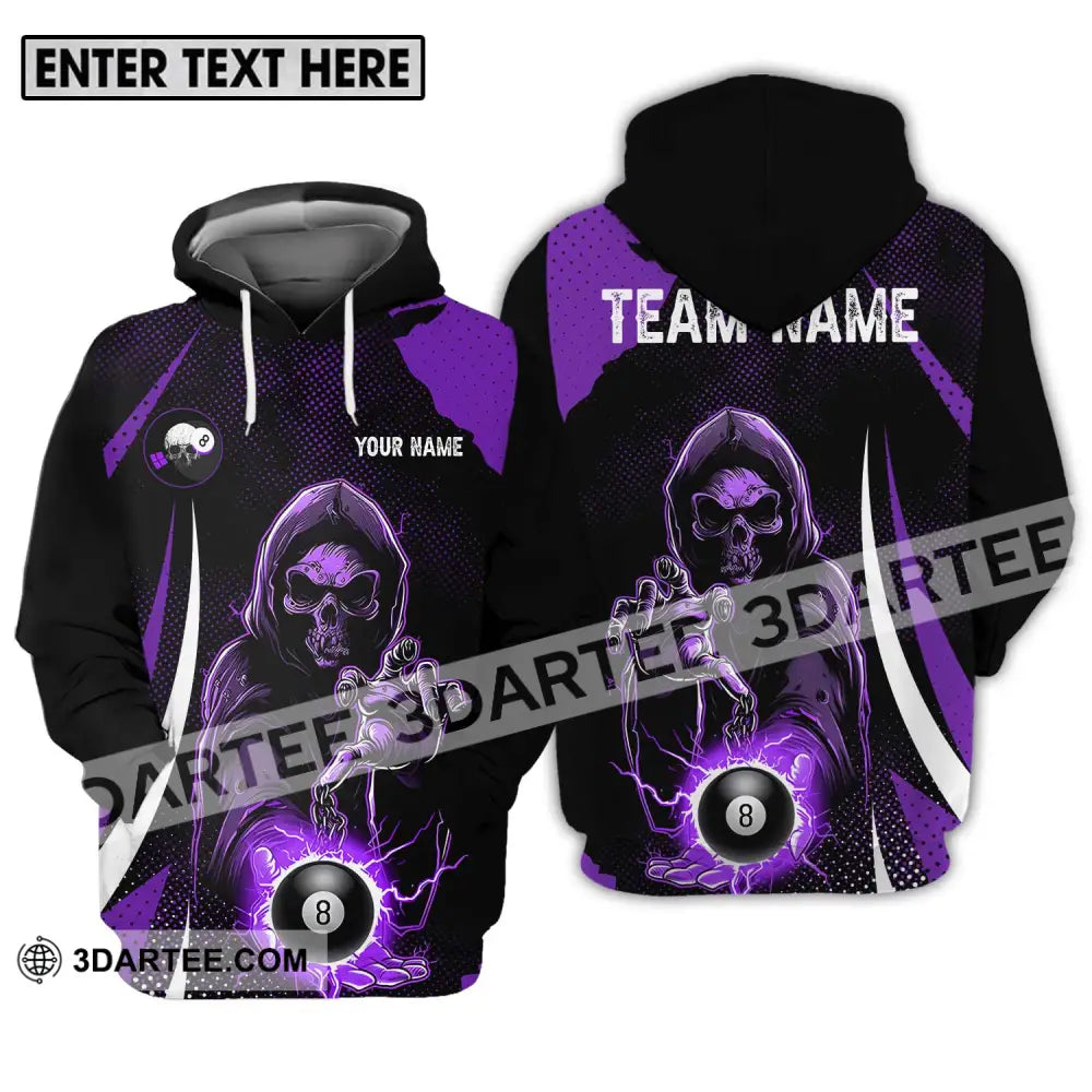 Unisex Shirt - Custom Name And Team Purple Billiard Skull No 8 Hoodie / S T-Shirt