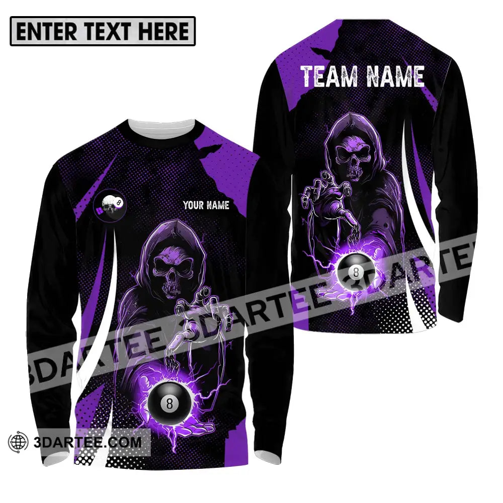 Unisex Shirt - Custom Name And Team Purple Billiard Skull No 8 Long Sleeve / S T-Shirt