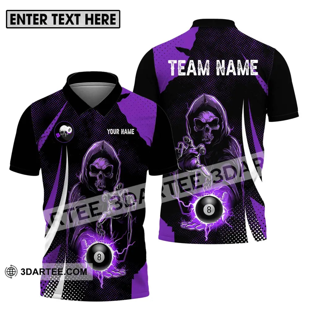 Unisex Shirt - Custom Name And Team Purple Billiard Skull No 8 Polo / S T-Shirt