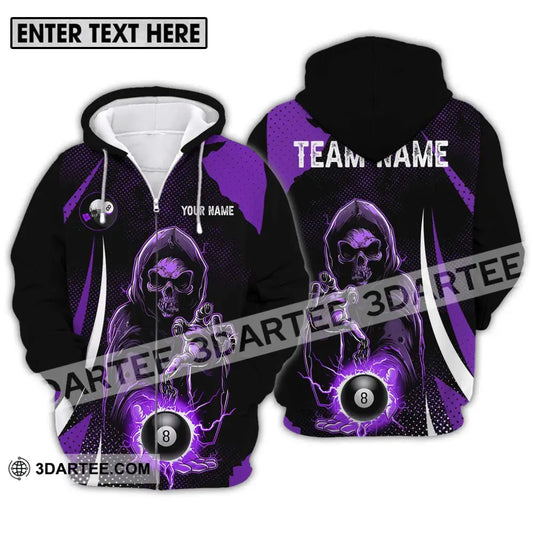 Unisex Shirt - Custom Name And Team Purple Billiard Skull No 8 Zipper Hoodie / S T-Shirt