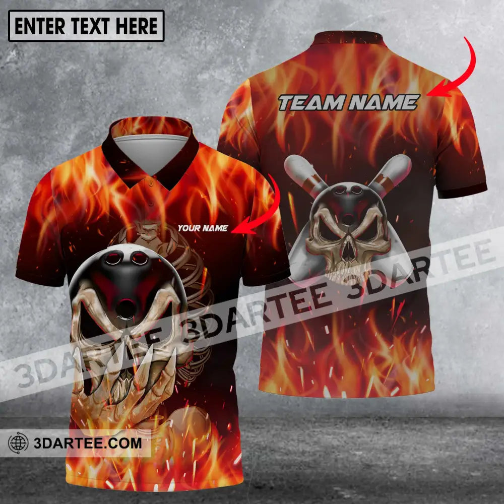 Unisex Shirt - Custom Name And Team Skull Fire Bowling For Lover Polo / S T-Shirt