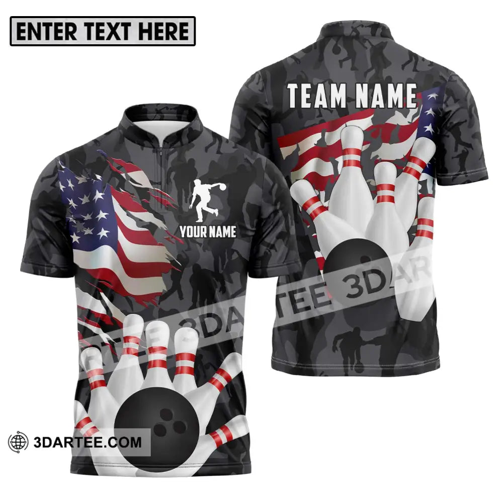 Unisex Shirt - Custom Name And Team Sport America Bowling Player Zipper Polo / S T-Shirt