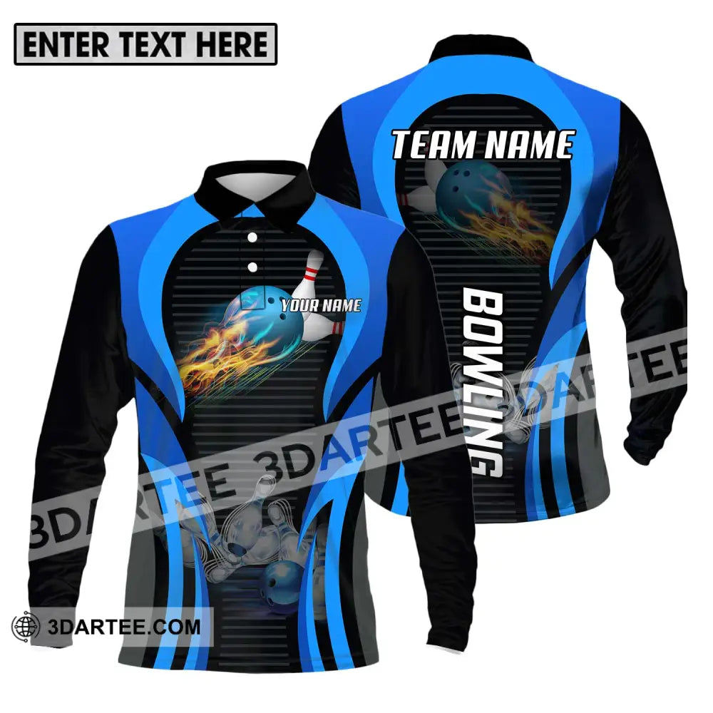 Unisex Shirt - Custom Name And Team Sport Fire Ice Bowling Ball Long Sleeve Polo / S T-Shirt