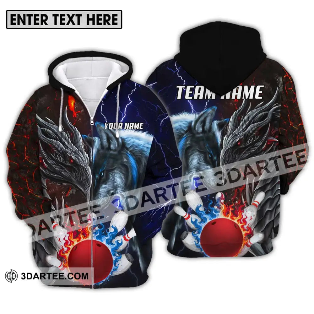 Unisex Shirt - Custom Name And Team Sport Fire Ice Bowling King Zipper Hoodie / S T-Shirt