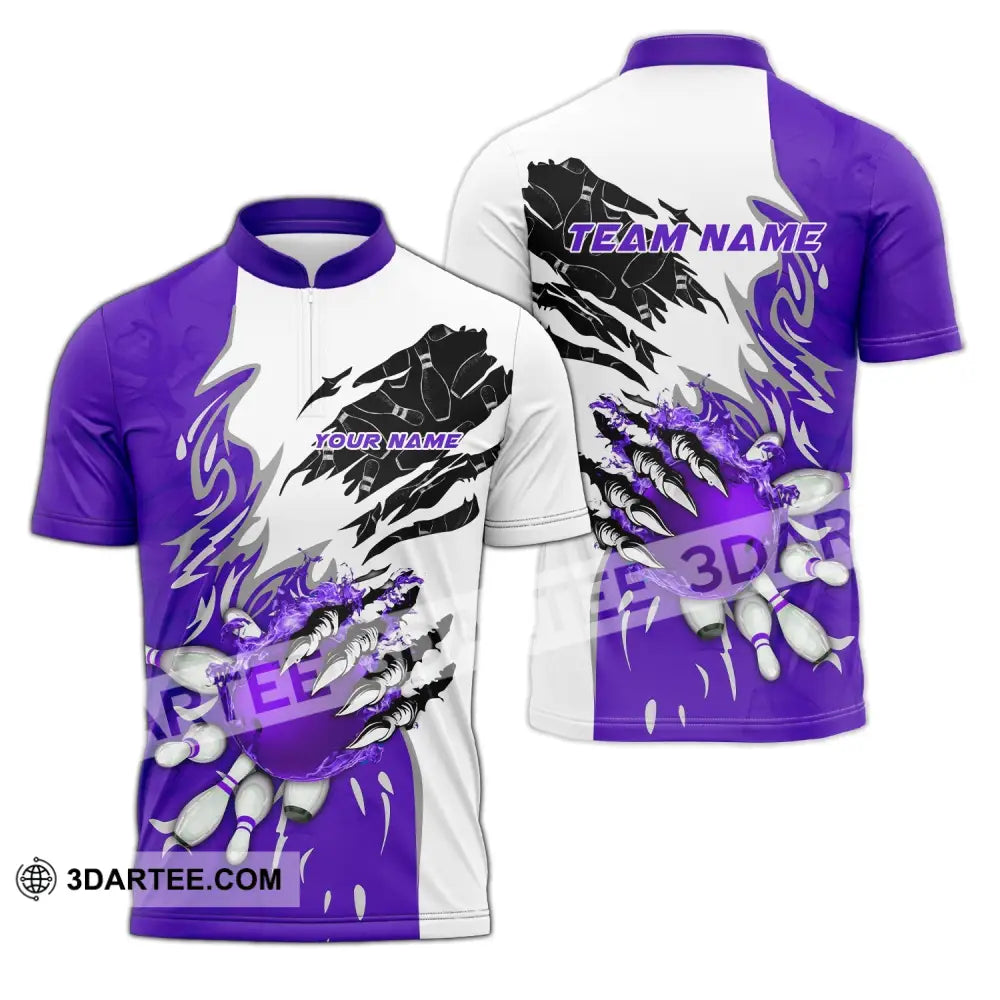 Unisex Shirt - Custom Name And Team Sport Purple Bowling Zipper Polo / S T-Shirt