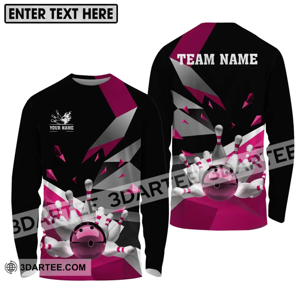 Unisex Shirt - Custom Name And Team White Bowling Pins Pink Long Sleeve / S T-Shirt