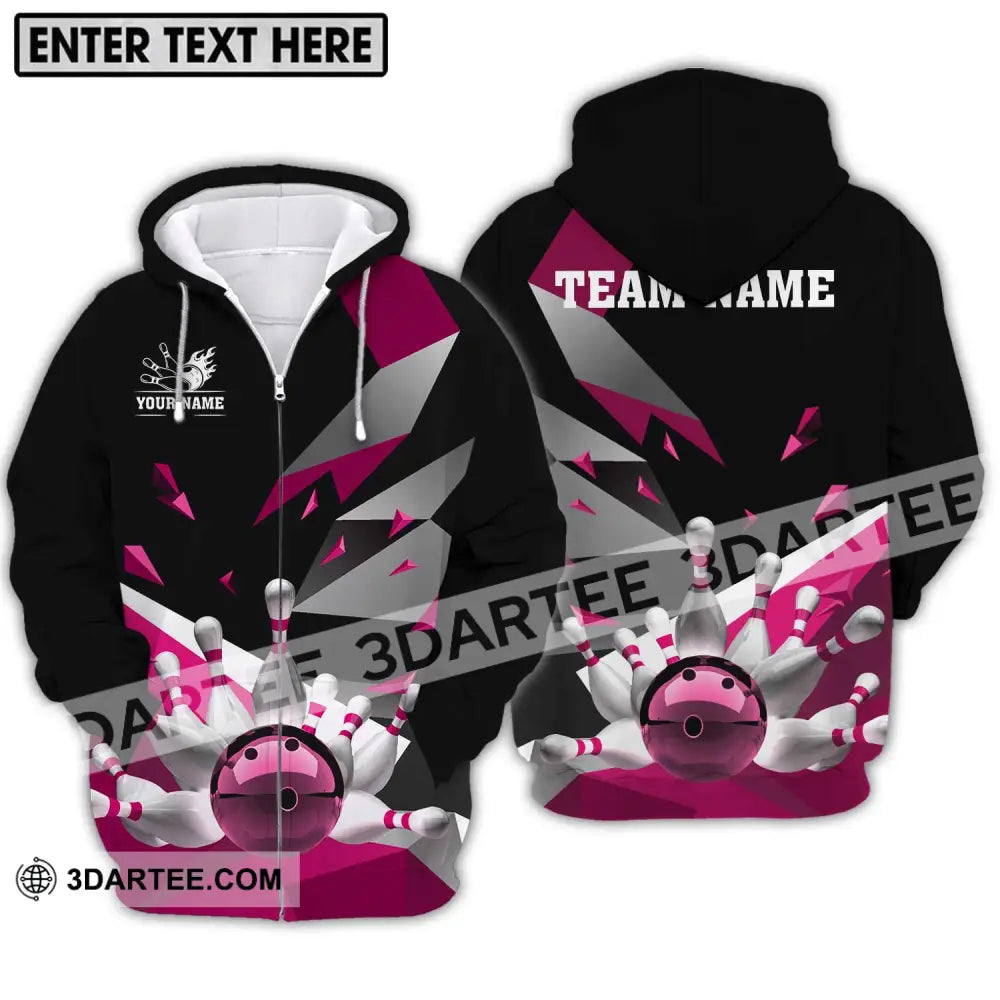 Unisex Shirt - Custom Name And Team White Bowling Pins Pink Zipper Hoodie / S T-Shirt