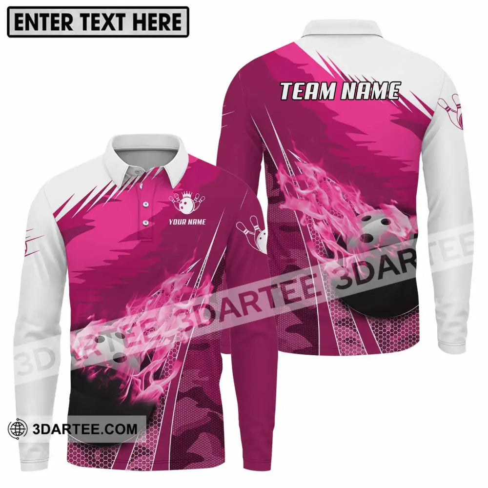 Unisex Shirt - Custom Name And Team White Pink Bowling Long Sleeve Polo / S T-Shirt