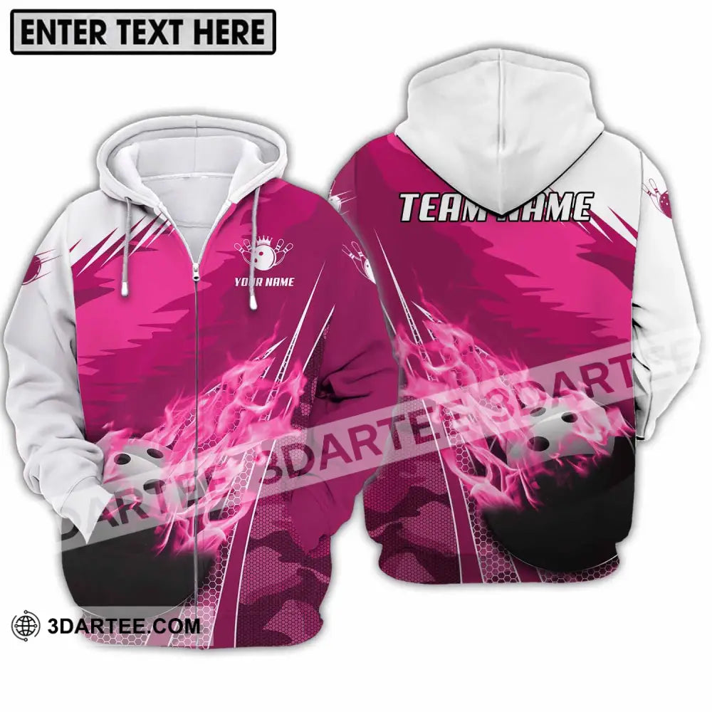 Unisex Shirt - Custom Name And Team White Pink Bowling Zipper Hoodie / S T-Shirt