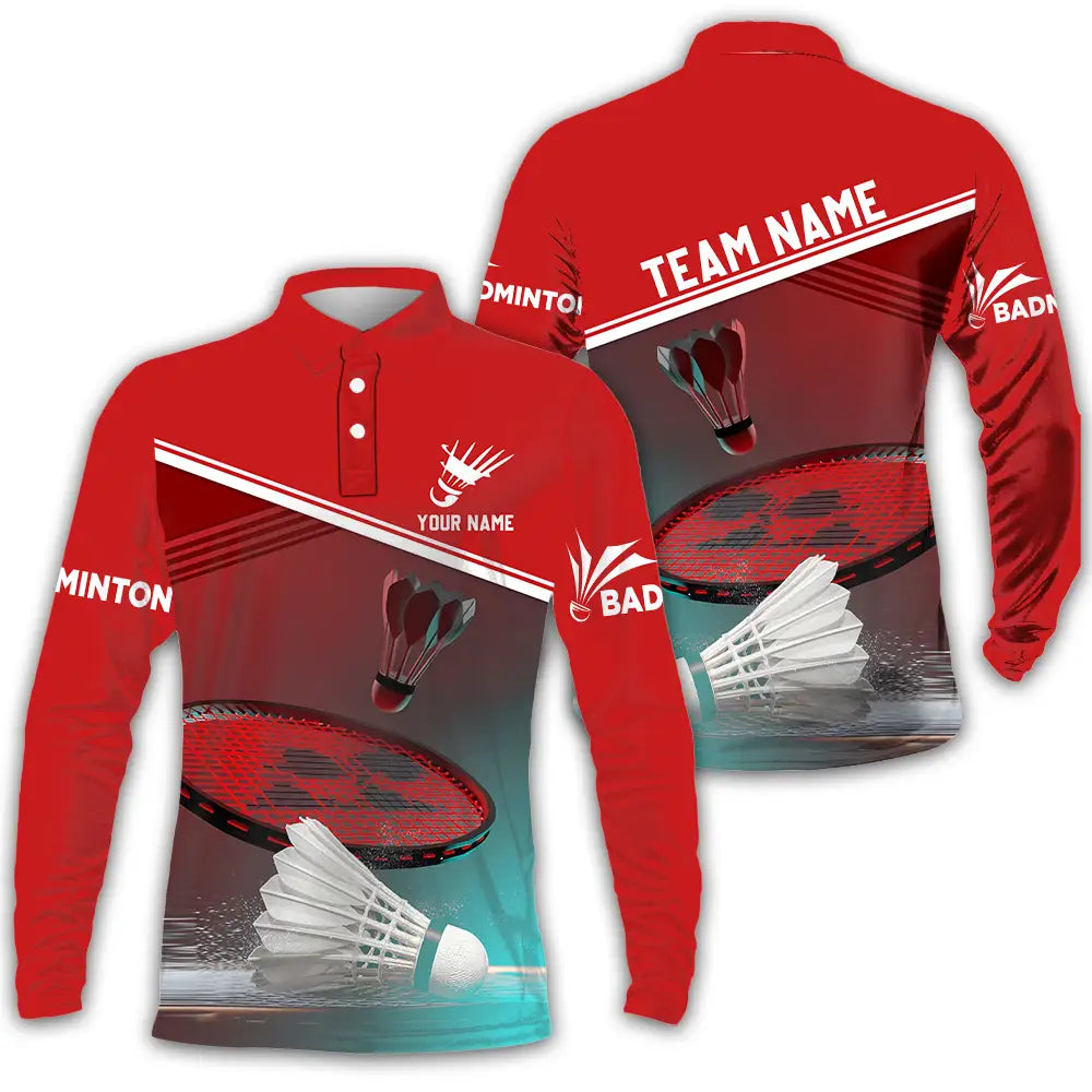 Unisex Shirt - Custom Name Badminton Long Sleeve Polo / S T-Shirt