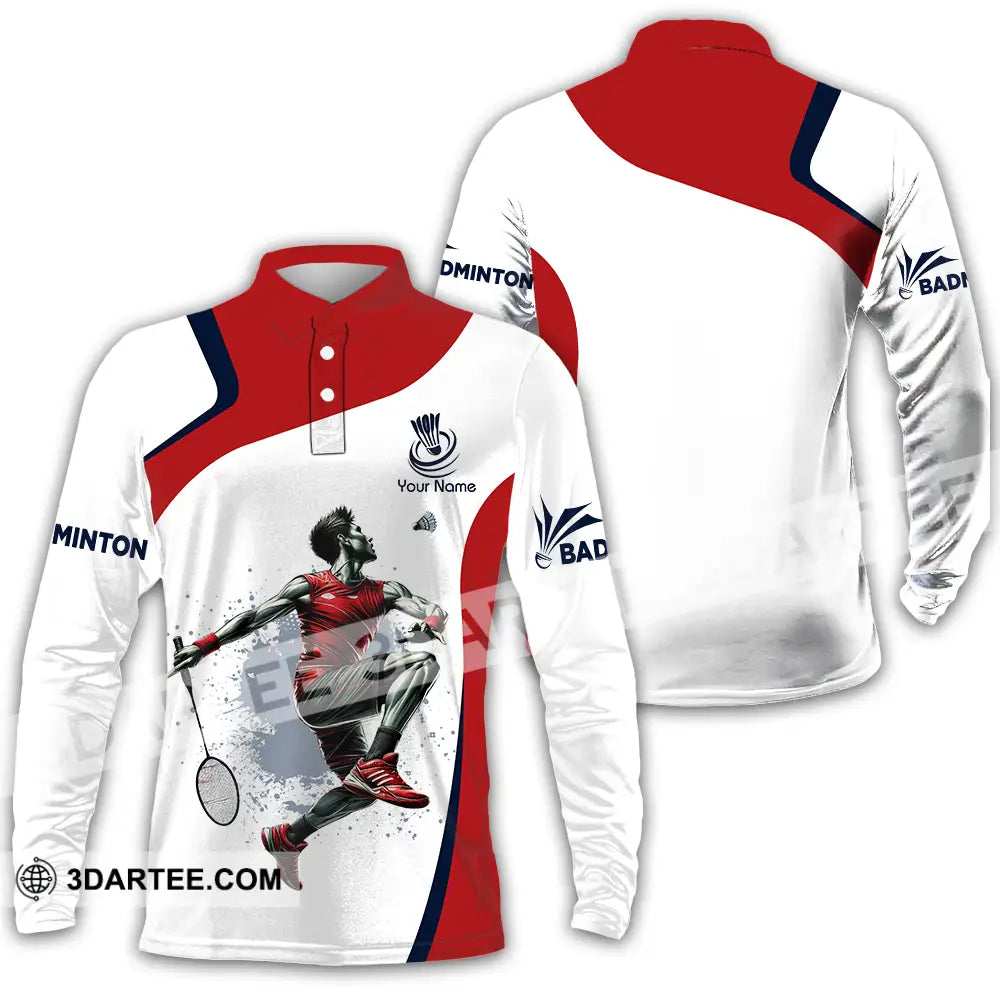 Unisex Shirt - Custom Name Badminton Player Playing Long Sleeve Polo / S T-Shirt