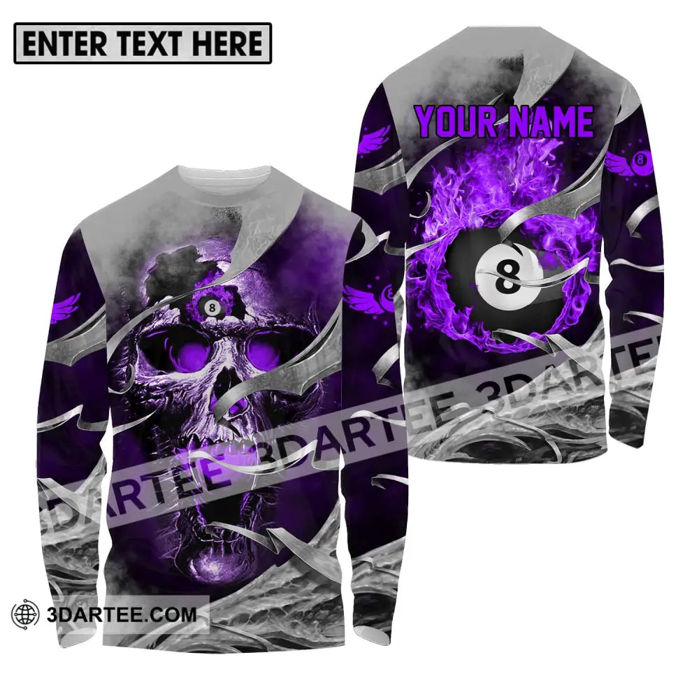 Unisex Shirt - Custom Name Billiards Purple Skull Long Sleeve / S T-Shirt