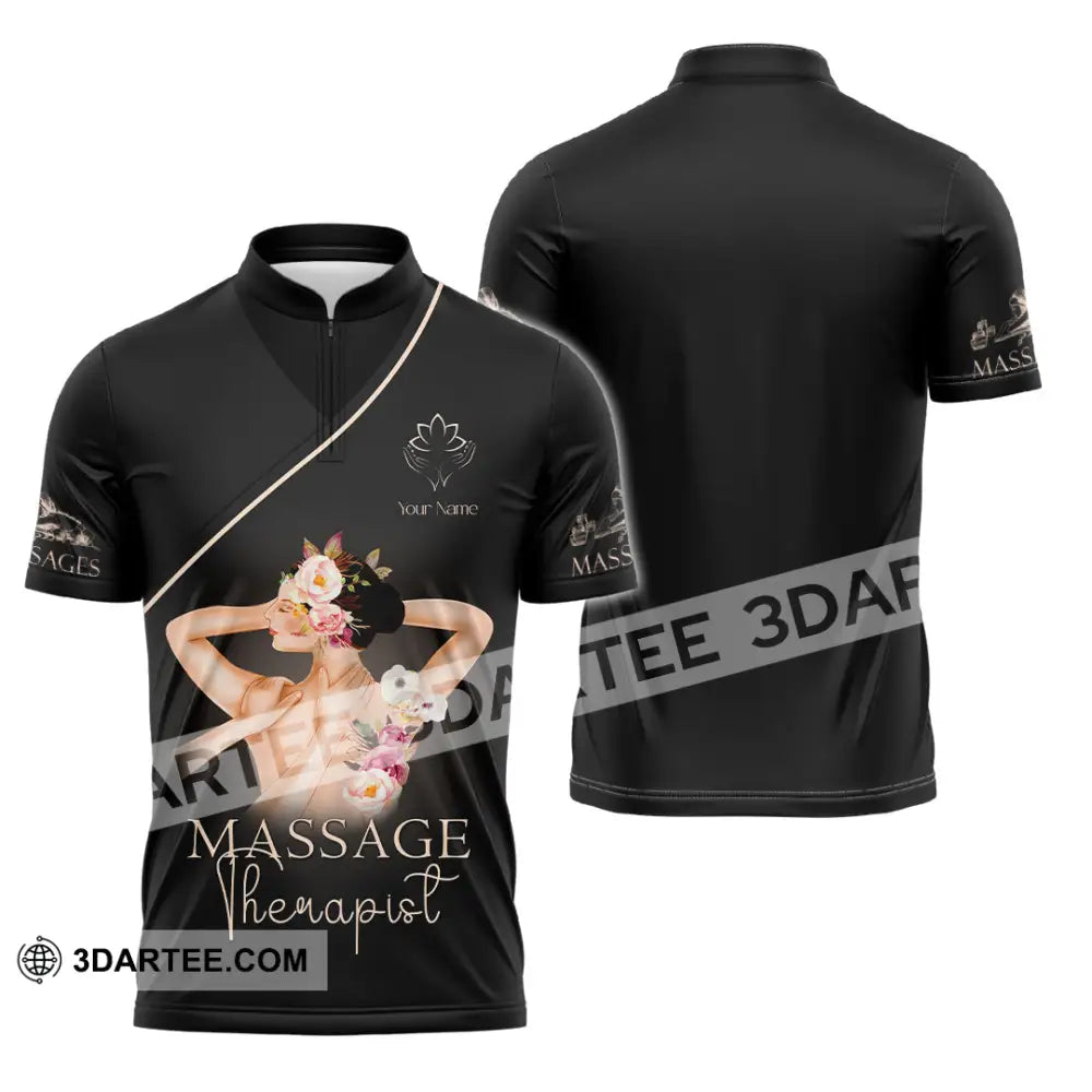 Unisex Shirt - Custom Name Black Massage Therapist Zipper Polo / S T-Shirt