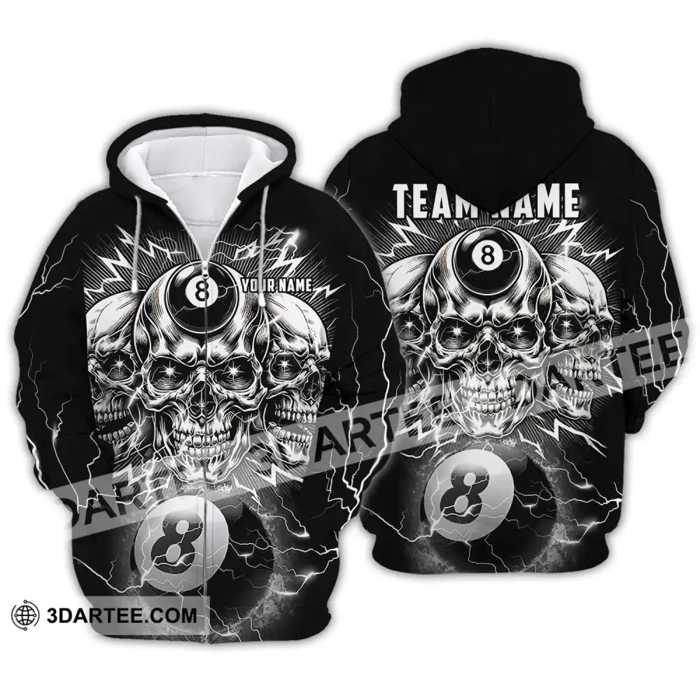 Unisex Shirt - Custom Name Black Skull Billiard Zipper Hoodie / S T-Shirt