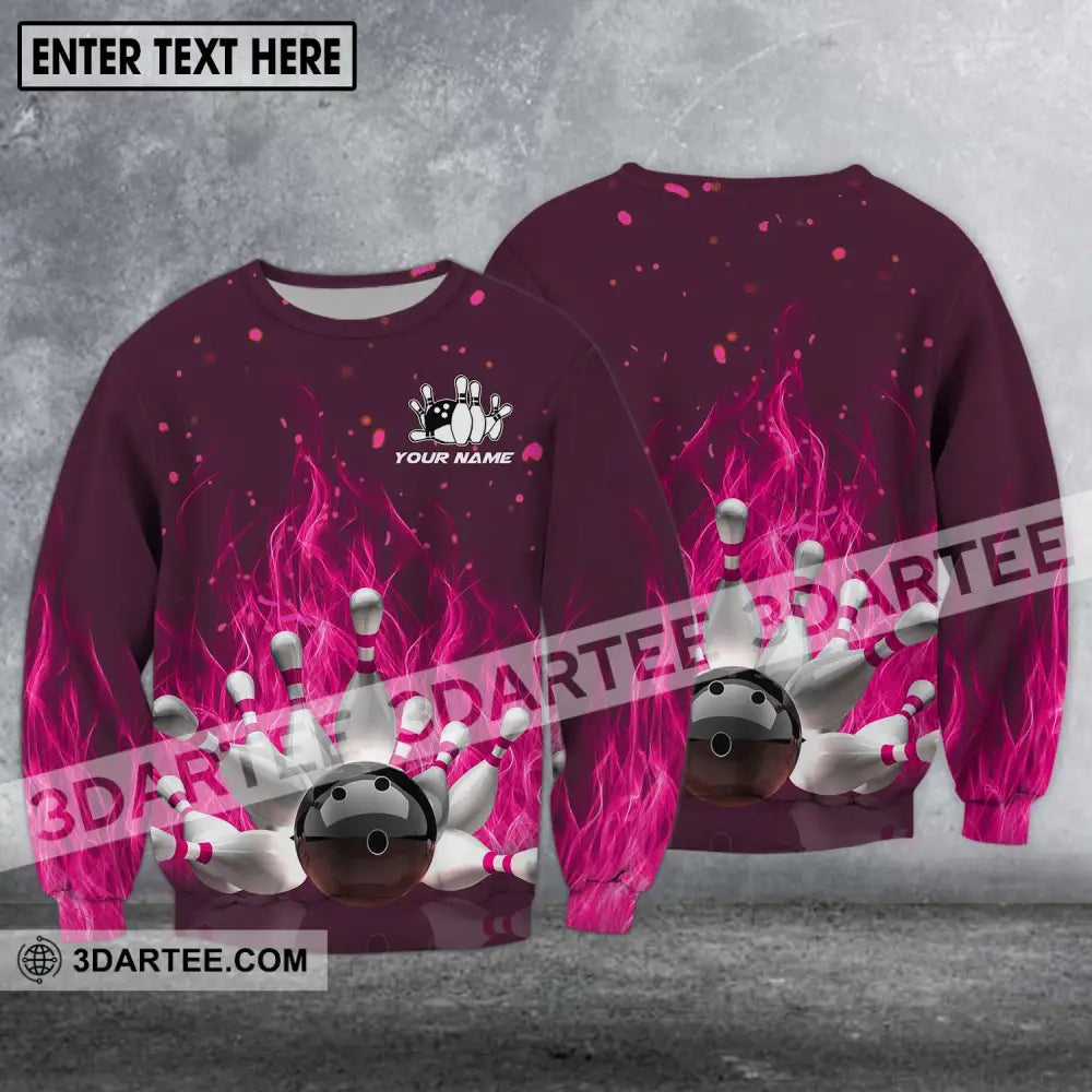 Unisex Shirt - Custom Name Bowling Ball Hot Pink Fire Long Sleeve / S T-Shirt