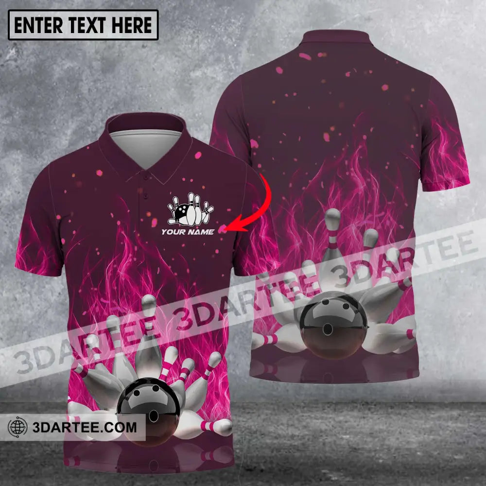 Unisex Shirt - Custom Name Bowling Ball Hot Pink Fire Polo / S T-Shirt