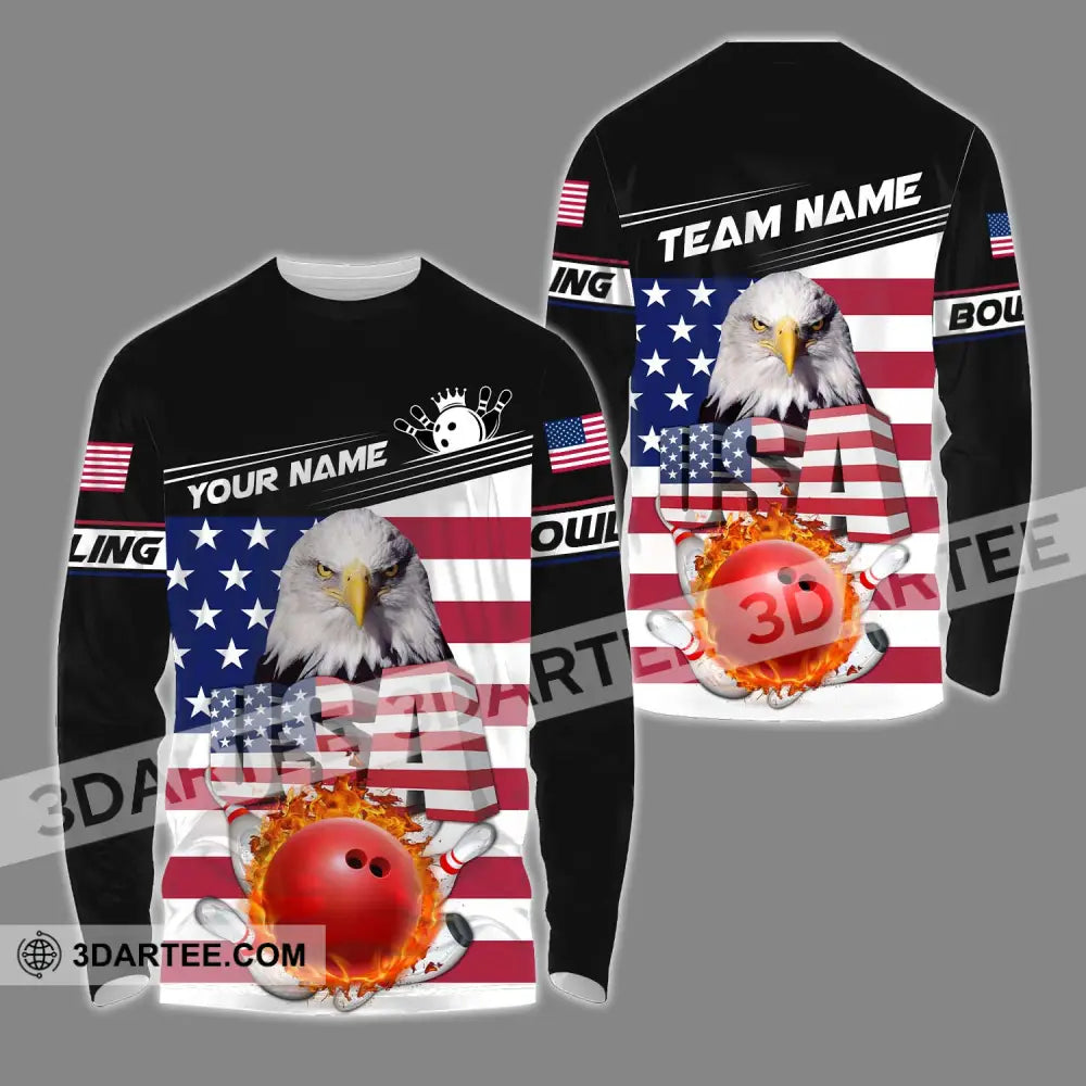 Unisex Shirt - Custom Name Bowling Lover America Flag Long Sleeve / S T-Shirt