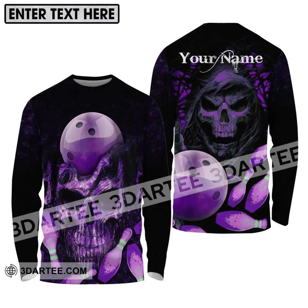 Unisex Shirt - Custom Name Bowling Purple Skull Long Sleeve / S T-Shirt