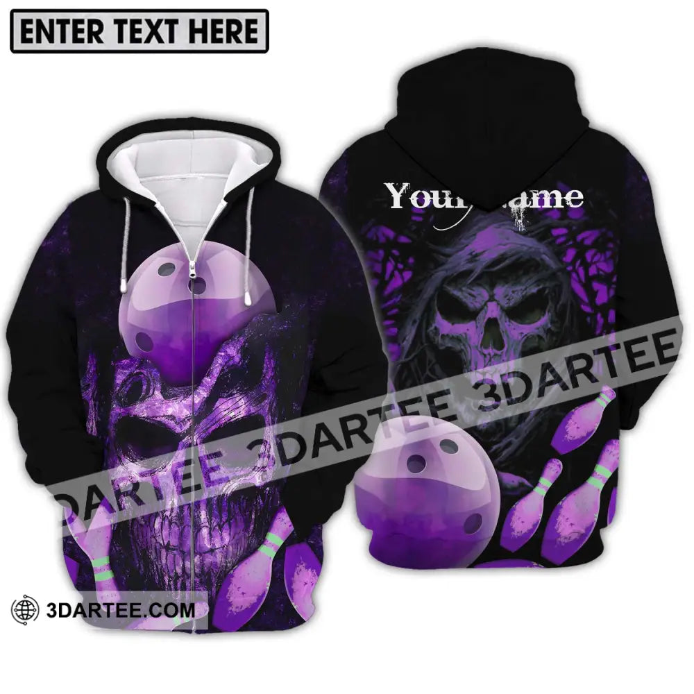 Unisex Shirt - Custom Name Bowling Purple Skull Zipper Hoodie / S T-Shirt