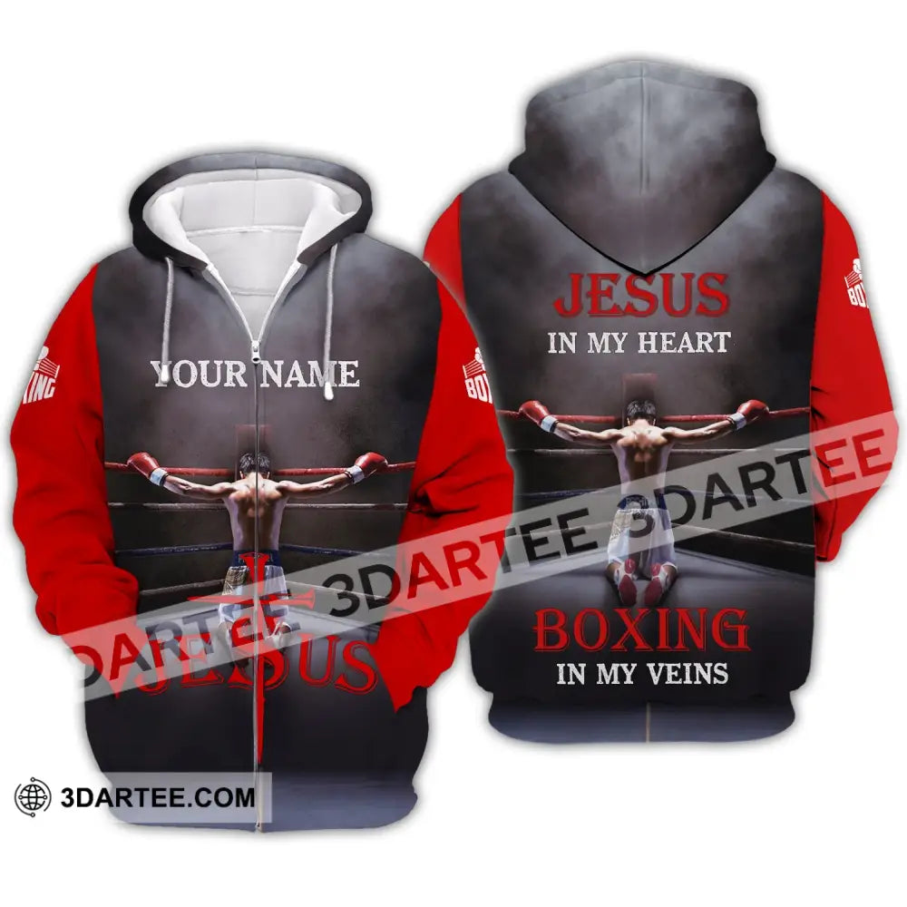 Unisex Shirt - Custom Name Boxing Gift For Lover Jeus In My Heart Veins Zipper Hoodie / S T-Shirt