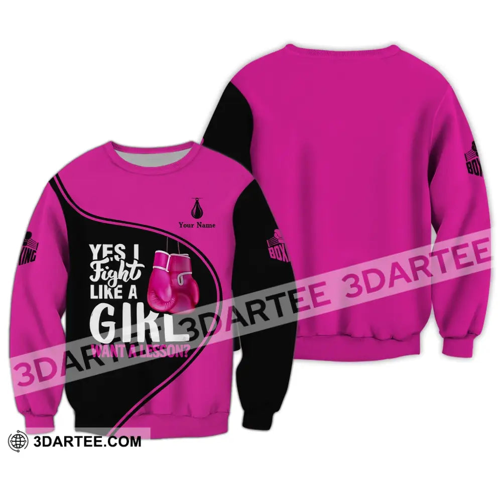 Unisex Shirt - Custom Name Boxing Gift For Player I Fight Like A Girl Want Lesson Long Sleeve / S