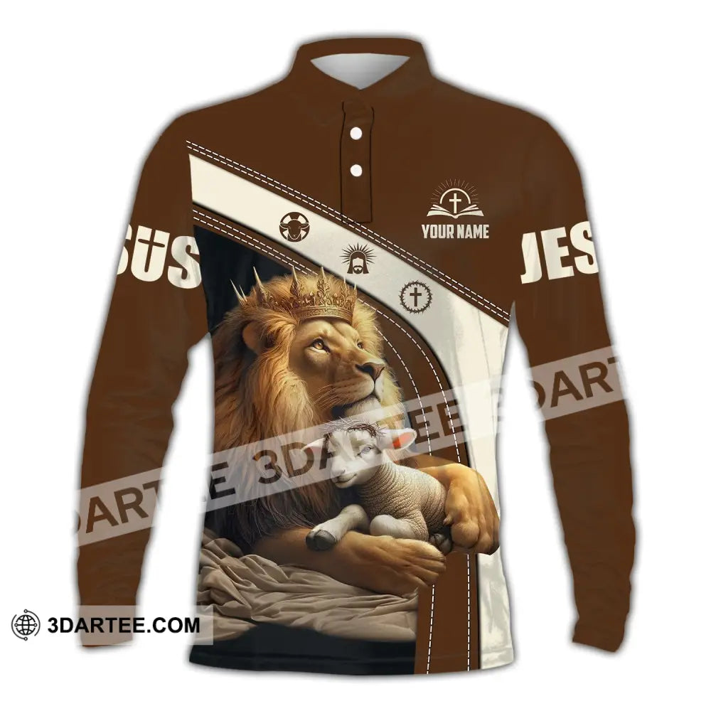 Unisex Shirt - Custom Name Brown Lion Long Sleeve Polo / S T-Shirt