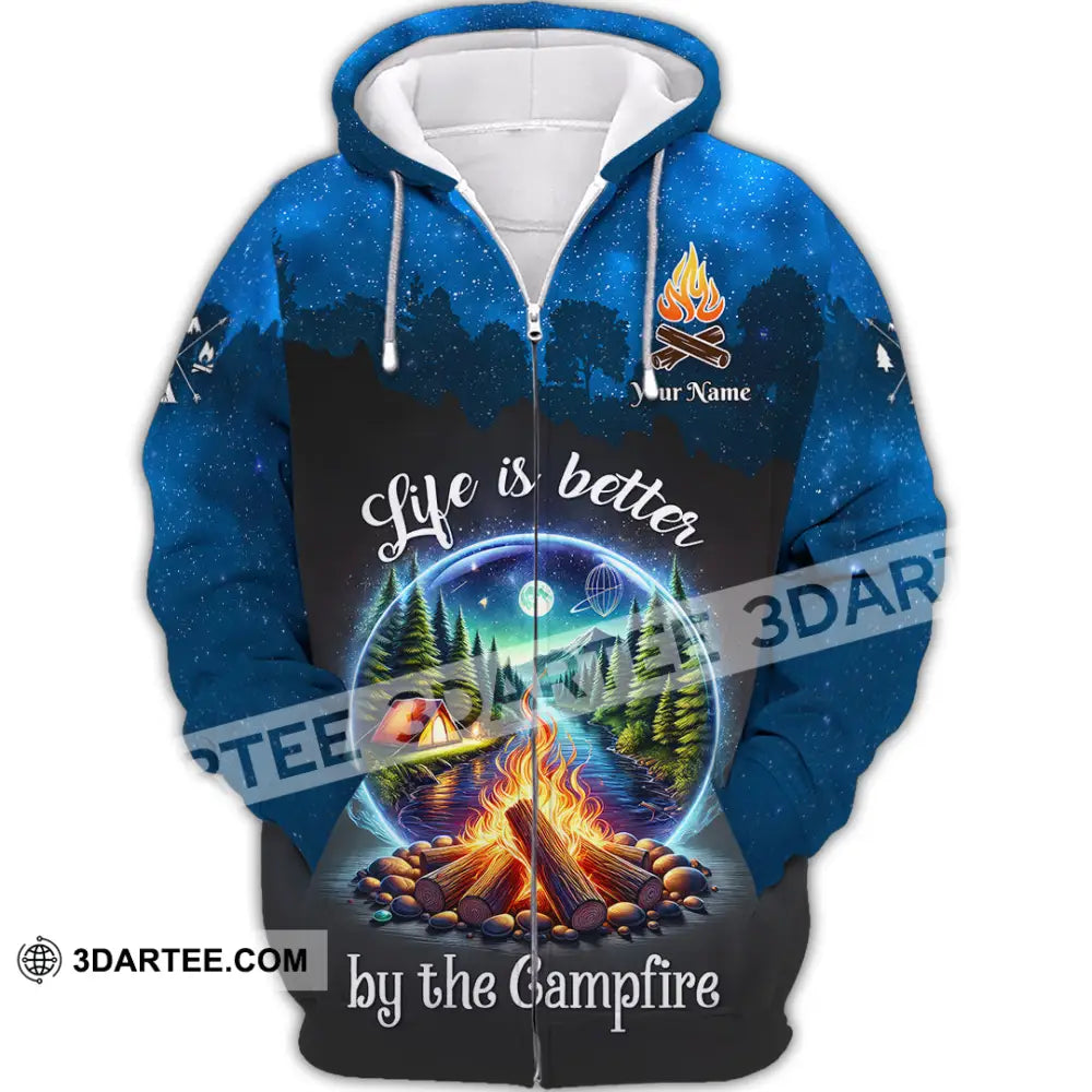 Unisex Shirt Custom Name Camping Polo Long Sleeve Campfire T-Shirt Zipper Hoodie / S T-Shirt