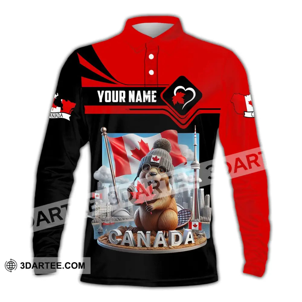 Unisex Shirt - Custom Name Canada Icons Long Sleeve Polo / S T-Shirt