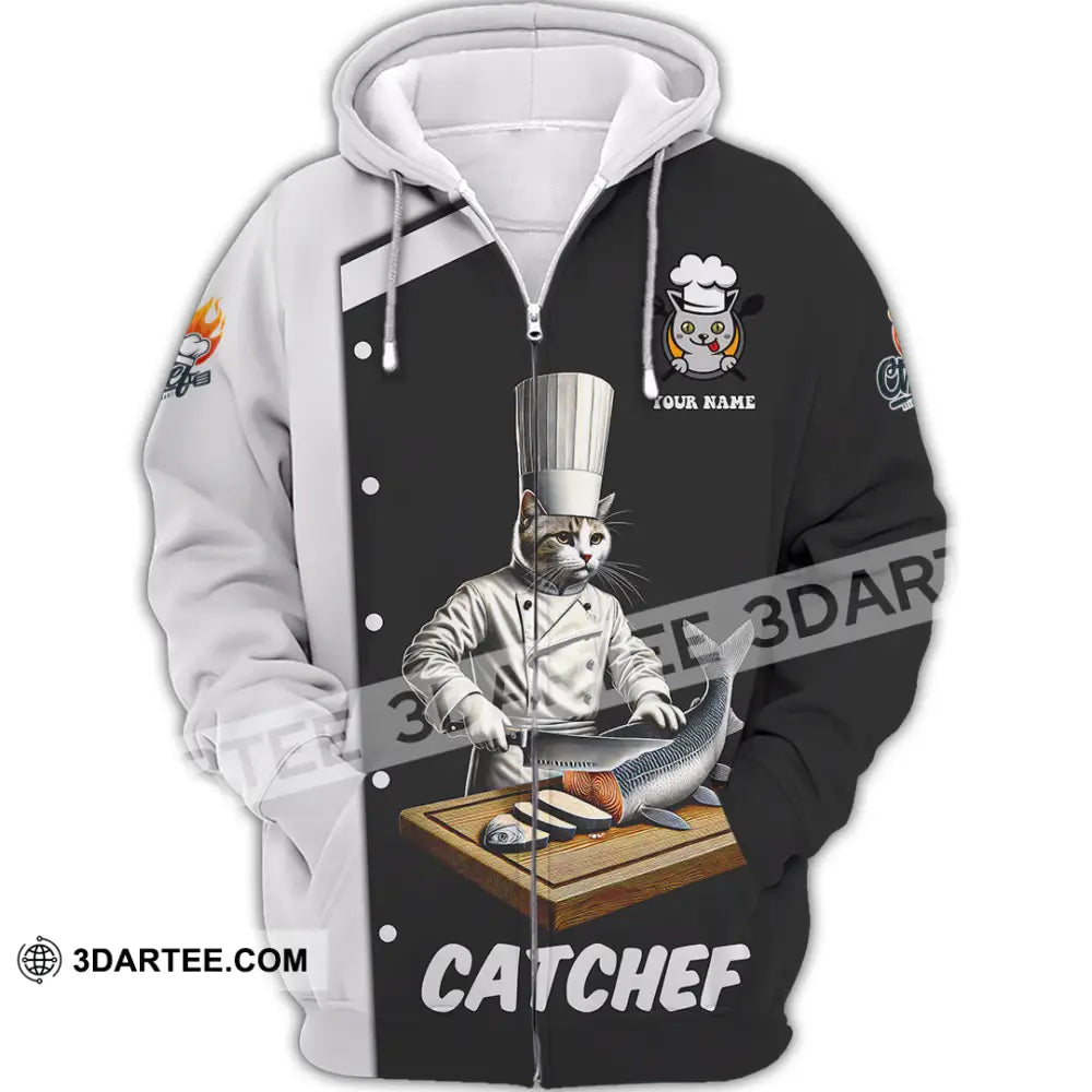 Unisex Shirt Custom Name Cat Chef Polo Long Sleeve Zipper Hoodie / S T-Shirt