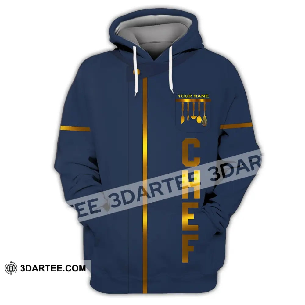 Unisex Shirt - Custom Name Chef Dark Blue And Gold Line Hoodie / S T-Shirt