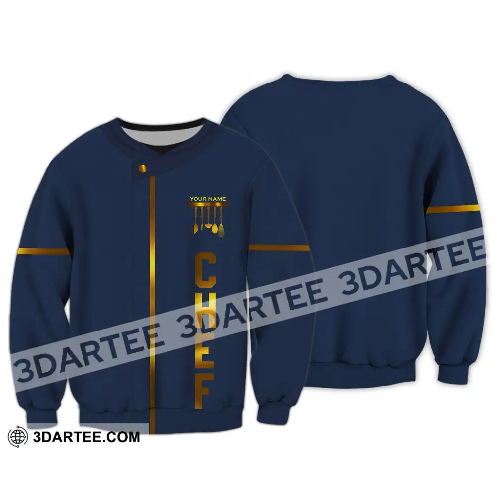 Unisex Shirt - Custom Name Chef Dark Blue And Gold Line Long Sleeve / S T-Shirt