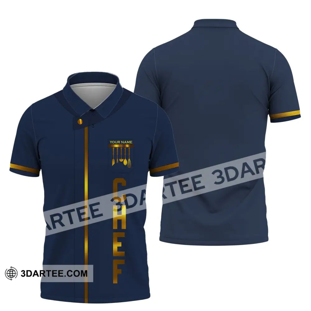 Unisex Shirt - Custom Name Chef Dark Blue And Gold Line Polo / S T-Shirt