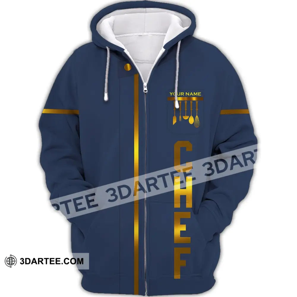 Unisex Shirt - Custom Name Chef Dark Blue And Gold Line Zipper Hoodie / S T-Shirt