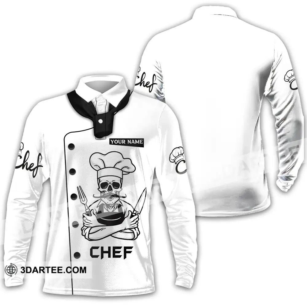 Unisex Shirt - Custom Name Chef Skull Long Sleeve Polo / S T-Shirt