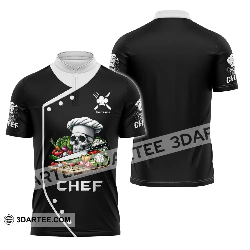 Unisex Shirt Custom Name Chef Skull Polo Long Sleeve Gift For Chefs Zipper / S T-Shirt