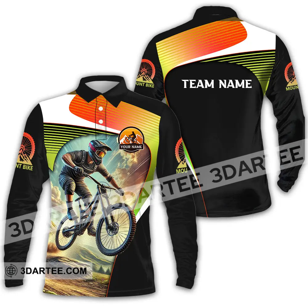 Unisex Shirt - Custom Name Cool Mountain Bike Long Sleeve Polo / S T-Shirt