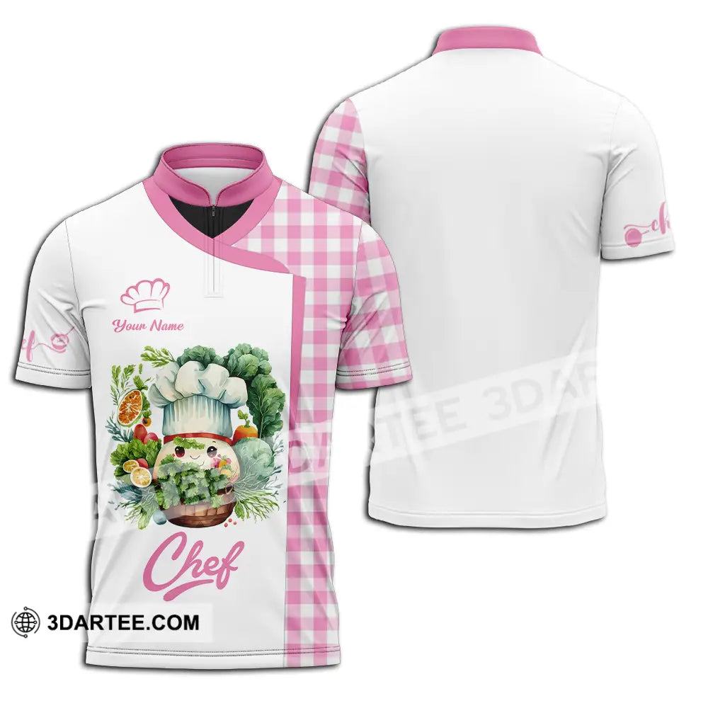 Unisex Shirt - Custom Name Cute Pink Chef Zipper Polo / S T-Shirt