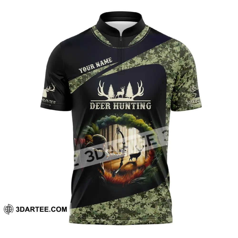 Unisex Shirt Custom Name Deer Hunter Hunting Polo Long Sleeve Animal T-Shirt Zipper / S