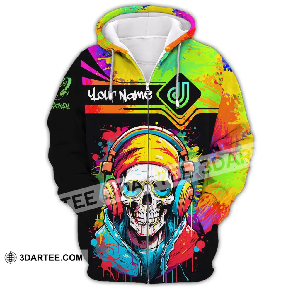 Unisex Shirt Custom Name Disc Jockey Dj Skull Hoodie Polo Long Sleeve Gift For Zipper / S T-Shirt