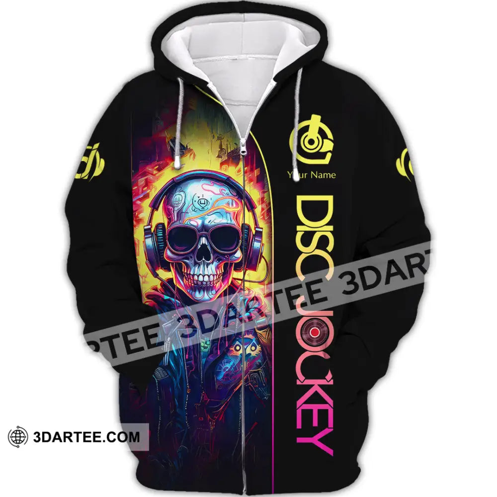 Unisex Shirt Custom Name Disc Jockey Dj Skull Hoodie Polo Long Sleeve Gift For Zipper / S T-Shirt