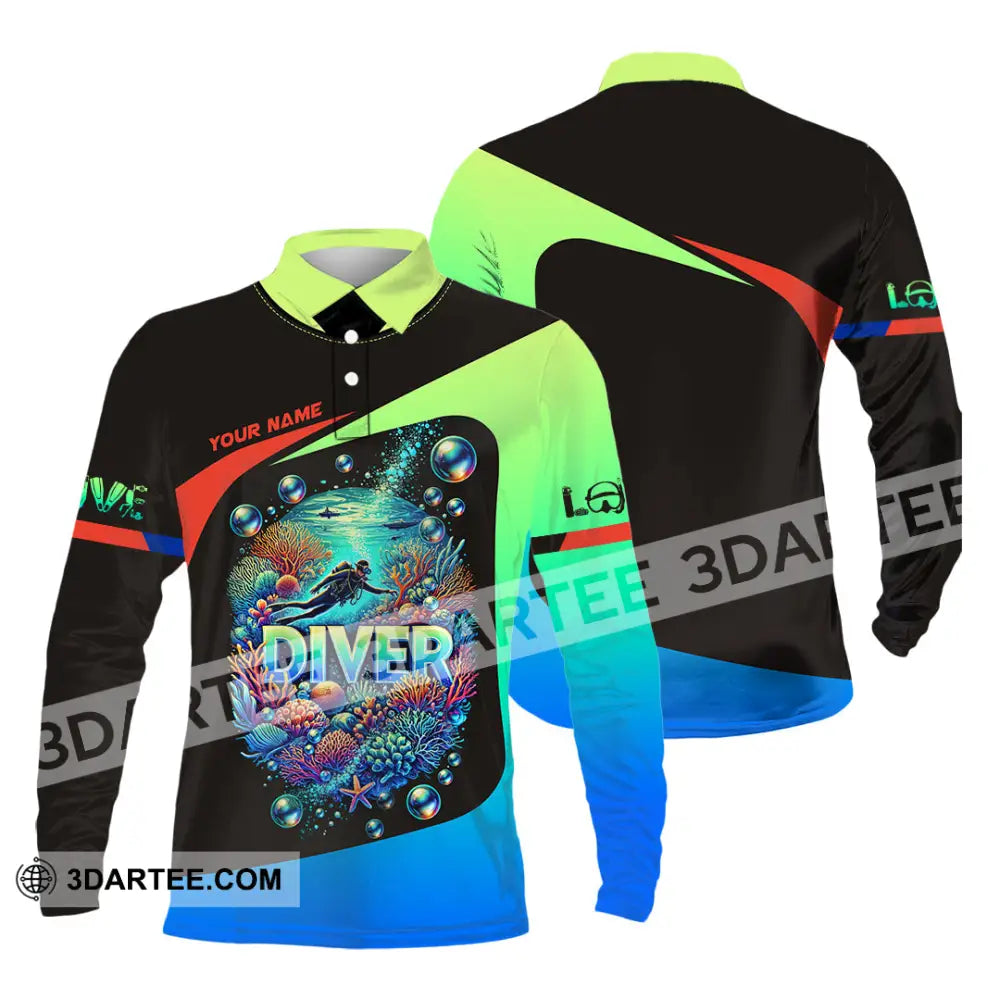 Unisex Shirt Custom Name Diving Diver Gift Long Sleeve Polo / S T-Shirt