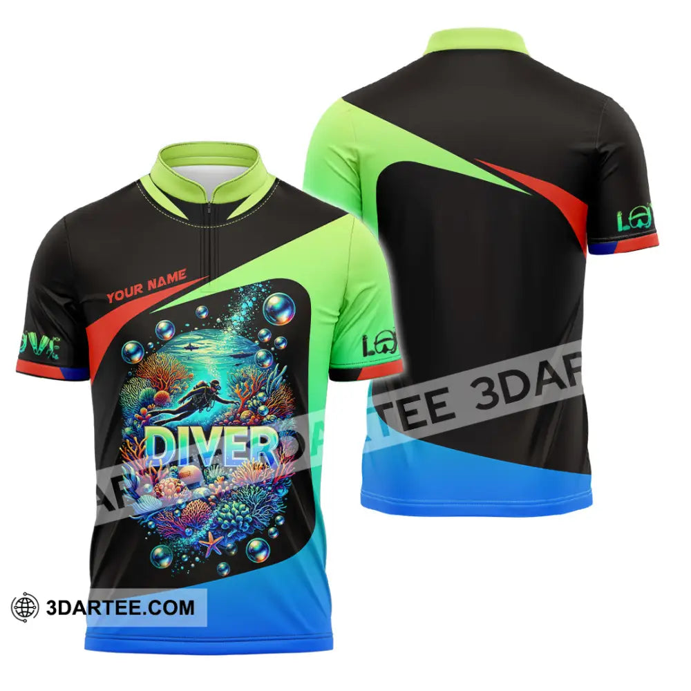 Unisex Shirt Custom Name Diving Diver Gift Zipper Polo / S T-Shirt