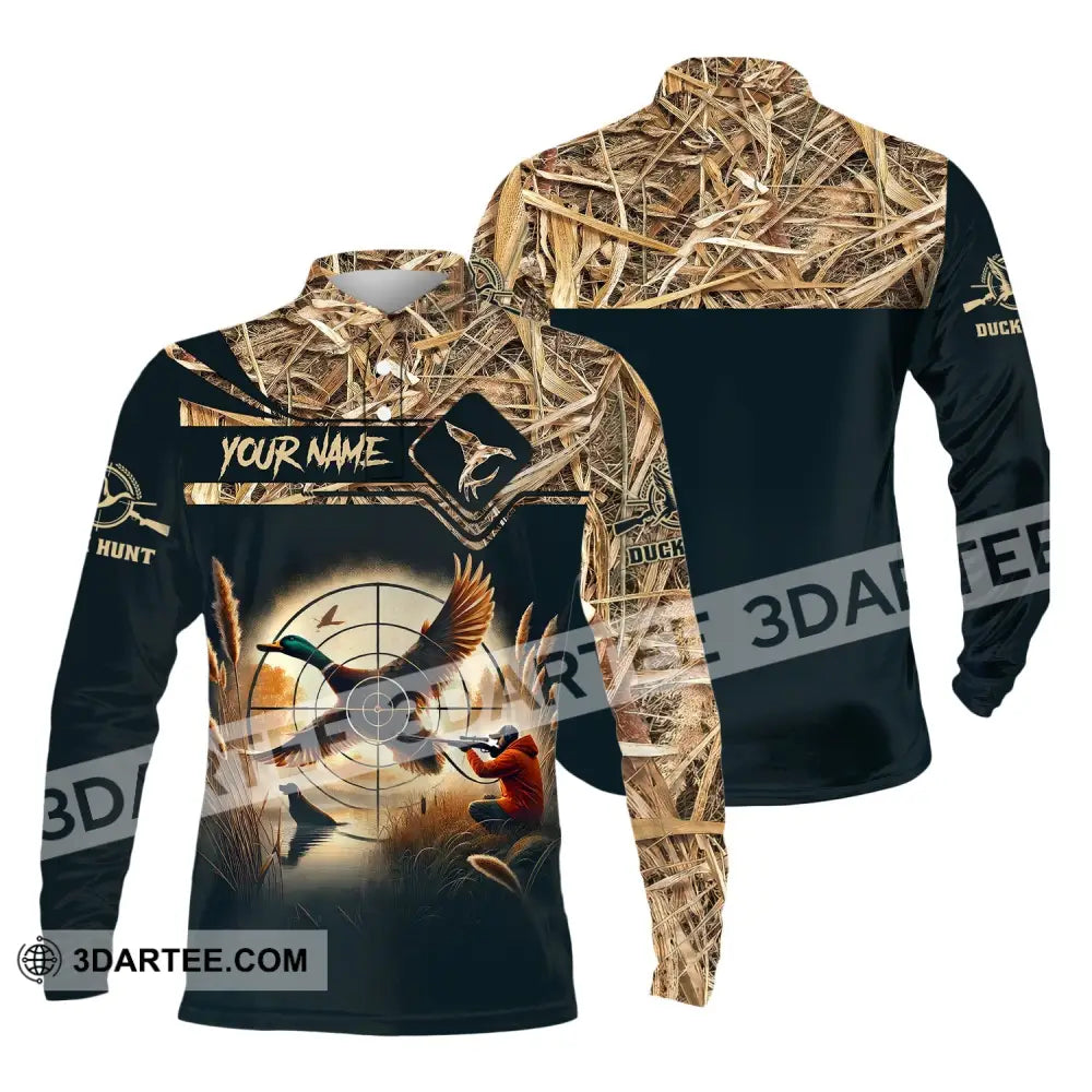 Unisex Shirt Custom Name Duck Hunter Hunting Polo Long Sleeve Animal T-Shirt / S T-Shirt